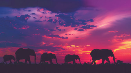 Elephants walk together against a stunning sunset backdrop, with vibrant colors illuminating the evening sky in the African savannah.の素材