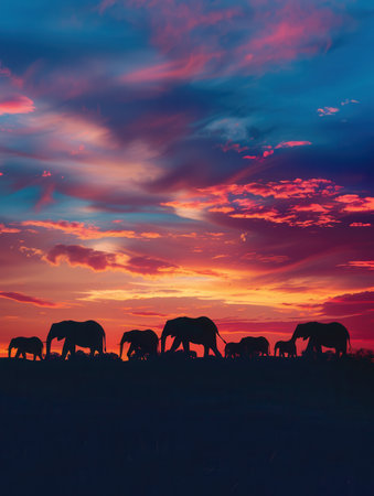 Elephants march in silhouette as the sun sets, casting vibrant colors across the sky over a beautiful savannah landscape.の素材