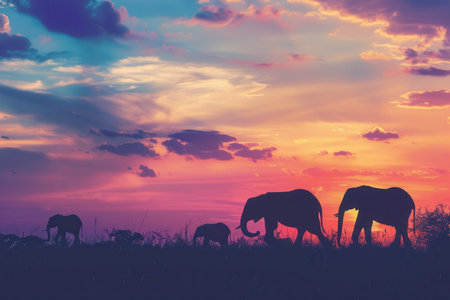 Elephants walk gracefully against a colorful sunset, silhouetted by the vibrant hues of the sky in the tranquil savannah.の素材