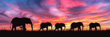A group of elephants gracefully walks against a stunning sunset, with colorful clouds illuminating the sky behind them.の素材