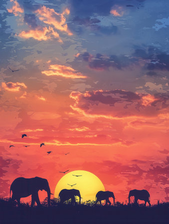Elephants graze quietly against a stunning sunset, surrounded by a colorful sky filled with clouds and birds flying above.の素材