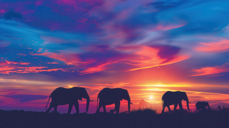 Silhouetted elephants walk gracefully as the sun sets, painting the sky with stunning colors over the savannah landscape.の素材