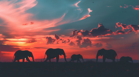 Elephants walk across the savannah as the sun sets, creating a stunning silhouette against the colorful sky.の素材