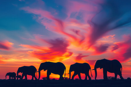 Elephants march gracefully against a stunning sunset with colorful clouds, showing nature's beauty in a serene setting.の素材