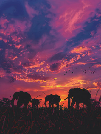 A herd of elephants walks through tall grass while a colorful sunset fills the sky with vibrant hues of orange and purple.の素材