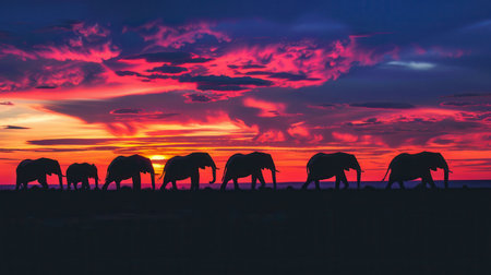 Elephants stroll in silhouette against a stunning sunset with vibrant shades of orange and purple lighting the sky.の素材