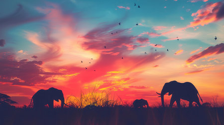 Elephants stroll gracefully through the grasslands as the sun sets, painting the sky with vivid colors and birds flying above.の素材
