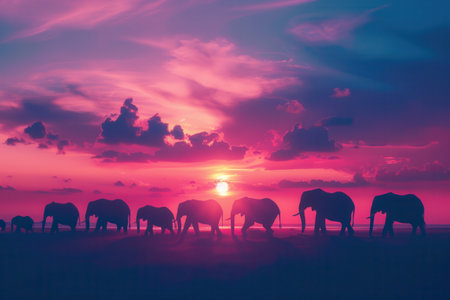 Elephants walk in a line during a stunning sunset, their silhouettes contrasted against the colorful sky above the horizon.の素材