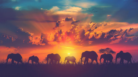 A group of elephants roams gracefully against a stunning sunset with bright colors illuminating the sky and silhouettes of trees in the background.の素材