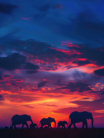 A herd of elephants gracefully moves through a stunning landscape as the sun sets, illuminating the sky with vibrant colors.の素材