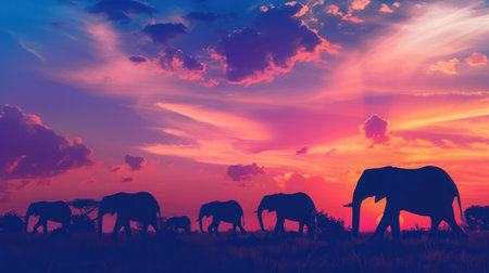 Elephants roam the savannah under a vibrant sunset, their silhouettes contrasting against the multicolored sky filled with clouds.の素材