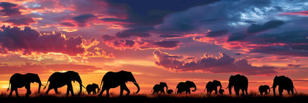 A group of elephants strides across the savannah as the sun sets, casting vibrant colors in the sky and creating a tranquil atmosphere.の素材