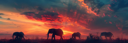 A group of elephants strolls peacefully across the savanna during a breathtaking sunset, illuminating the sky in vivid colors.の素材