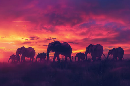 A herd of elephants strolls across the savanna during a stunning sunset, silhouetted against a colorful sky filled with clouds.の素材