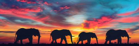 A group of elephants strides gracefully across the savannah, silhouetted against a stunning multicolored sunset.の素材