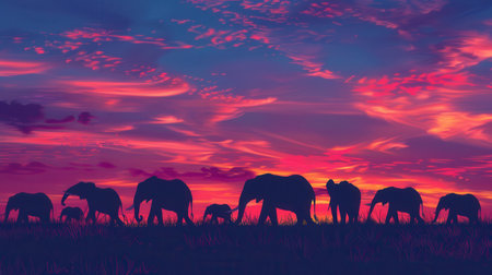 Elephants roam peacefully across the savanna under a stunning sky painted with pink and purple hues at sunset.の素材