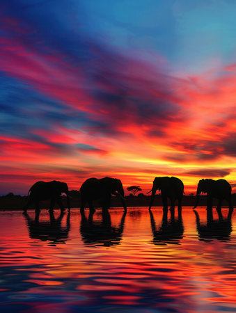 Elephants stroll through shallow water as vibrant colors fill the sky at sunset, reflecting on the tranquil surface.の素材