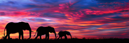 A family of elephants strolls together against a breathtaking sunset, with vivid clouds painting the sky in a spectrum of colors.の素材