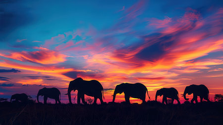 Elephants roam gracefully in the warm light of sunset, creating a stunning silhouette against the colorful sky.の素材