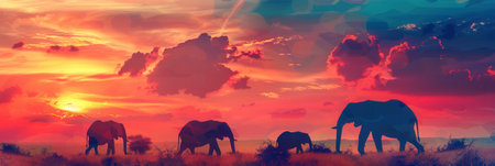 A group of elephants strolls across the savannah at sunset, their silhouettes highlighted by the colorful sky and glowing horizon.の素材