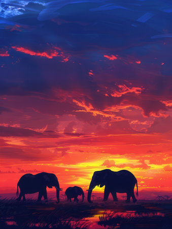 Elephants stroll peacefully as the sun sets, painting the sky with vibrant hues and casting reflections on the water in the foreground.の素材