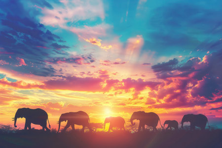 A group of elephants strolls through the savanna as the sun sets, casting vibrant colors across the sky.の素材