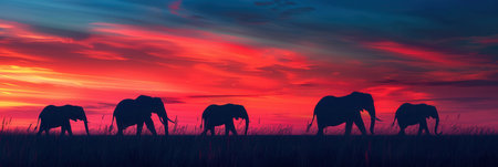 Elephants move gracefully across an open landscape as the sun sets, painting the sky with brilliant hues of orange and purple.の素材