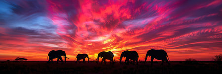 A group of elephants roam gracefully against a stunning, colorful sunset sky in the African savannah.の素材
