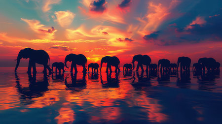 Elephants gather at the waterの素材