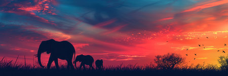 Elephants traverse a grassy area as the sun sets, creating a stunning silhouette against a colorful sky filled with clouds and birds.の素材