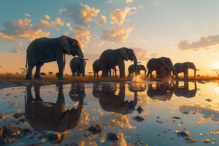 Elephants gather around a waterhole, enjoying their evening drink while their reflections shimmer in the water under a colorful sunset sky.の素材