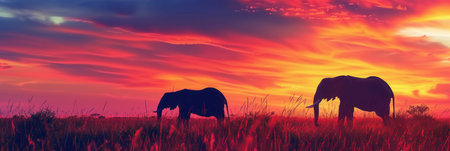 Two elephants are seen grazing quietly with a vibrant sunset backdrop painting the sky in vivid colors.の素材
