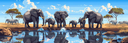 Elephants congregate at a waterhole, drinking and socializing in a serene African landscape on a sunny day with blue skies and fluffy clouds.の素材