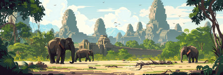 A herd of elephants moves gracefully among ancient temple remnants surrounded by dense greenery under a clear blue sky.の素材