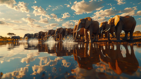 Elephants approach a watering hole, splashing water as the sun sets and paints the sky with vibrant colors.の素材