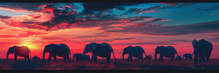 A herd of elephants roams through the savanna as the sun sets, creating a stunning display of colors in the sky and shadows on the ground.の素材