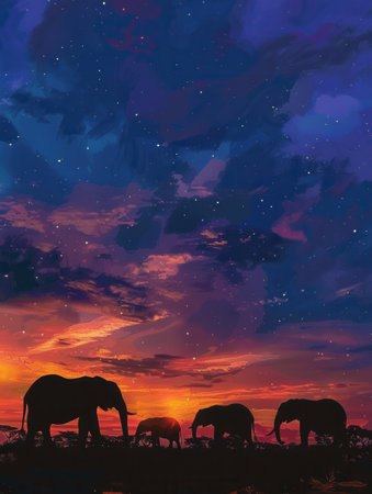 Elephants wander peacefully silhouetted against a vibrant sunset and twinkling stars in the tranquil African landscape.の素材