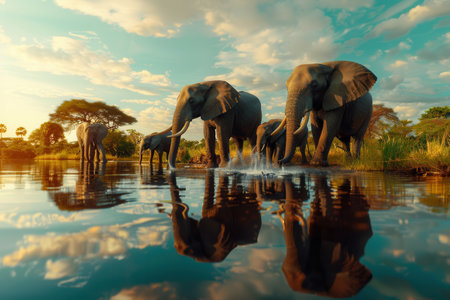 Elephants gather around a river, enjoying the water while reflecting in the calm surface under the warm hues of a setting sun.の素材