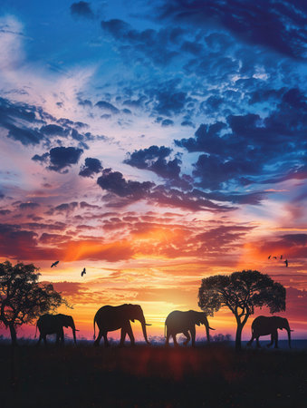 Elephants walk gracefully across the savannah as a colorful sunset paints the sky in shades of orange and blue.の素材