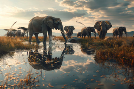 Elephants are drinking and playing at a waterhole as the sun sets, creating beautiful reflections in the water amidst tall grass and a serene sky.の素材