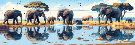 Elephants splash and drink water at a serene waterhole surrounded by grass and trees, reflecting their silhouettes in the calm surface.の素材