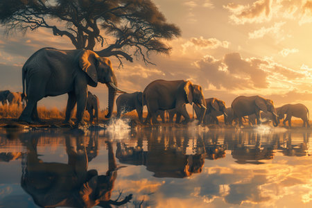 A group of elephants enjoys a tranquil bath in the waterhole, surrounded by the warm glow of a setting sun and reflected clouds.の素材
