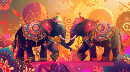 Decorated elephants participate in a lively Indian festival, showcasing intricate designs and colorful adornments.の素材