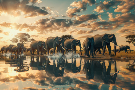 Elephants walk gracefully by a waterhole during sunset, creating a stunning reflection amidst the breathtaking savanna landscape.の素材