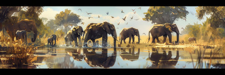 A herd of elephants wades through a calm waterhole at dawn, surrounded by trees and flying birds, reflecting the peacefulness of the savannah.の素材