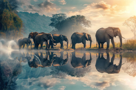 Elephants cross a calm river, creating reflections in the water as the sun sets behind the mountains, enveloping the scene in golden hues.の素材