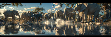 Elephants splash and drink water at a watering hole as birds fly overhead, creating a vibrant atmosphere in the golden light of sunset.の素材