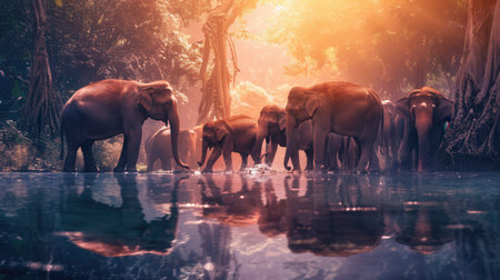 Elephants gather around a tranquil pool, their reflections shimmering in the water as the sun sets behind the trees.の素材