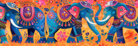 Decorated elephants participate in a lively Indian festival, showing intricate designs and vibrant colors as they move through the celebration.の素材