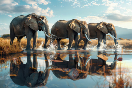 Elephants playfully splash in calm waters as the sun sets, reflecting their silhouettes against a serene landscape filled with golden hues.の素材